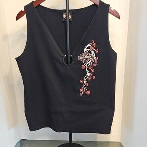 Harley-Davidson Black Tank Top with Red Glitter Flowers
